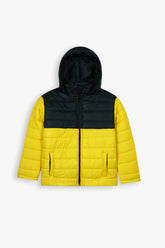 Kids Yellow & Black Puffer Jacket | Color-Block Hooded Winter Coat | Warm & Lightweight Outerwear